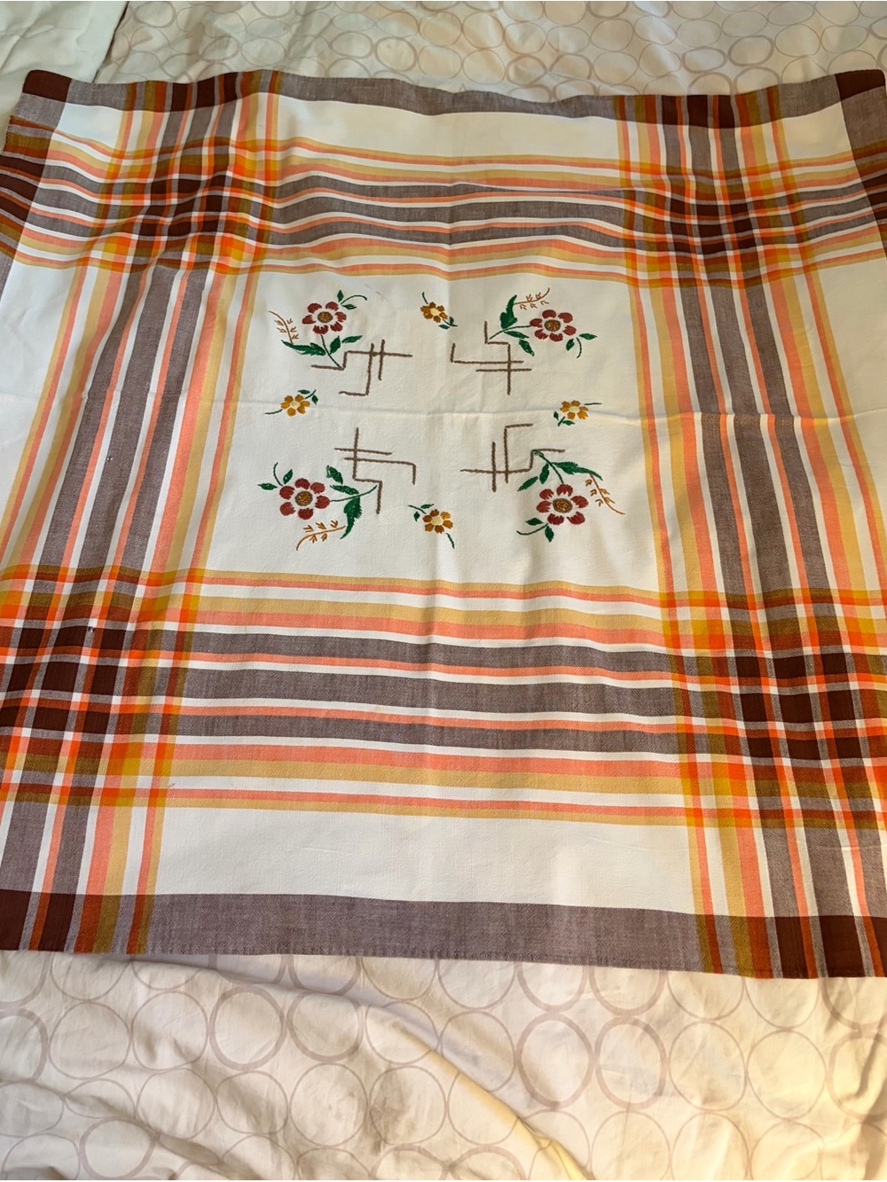 Embroidered Floral Plaid Tablecloth - Cream, Brown & Orange. 36x33